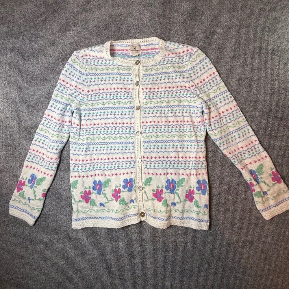 Appleseeds Womens Small Floral Fair Isle Cotton Button Front Cardigan Sweater